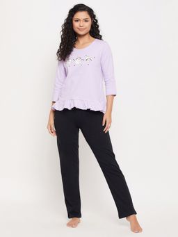 Clovia - Cotton Printed Top & Pyjama Purple (Set of 2)