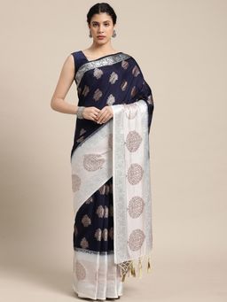 Mimosa - Women's Kanjivaram Art Silk Navy Blue Saree with Unstitched Blouse