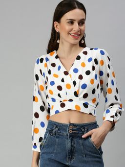 SHOWOFFFF - Women V-Neck Polka Dots Off White Crop Top