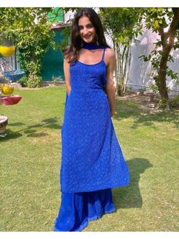 Label Aishwaryrika - Bazaar Blue Strappy Chikankari Kurta With Palazzo & Dupatta (Set of 3)