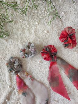 Label Kanupriya - Organza Scrunchie and Scarf Scrunchie Combo -Red,Off White