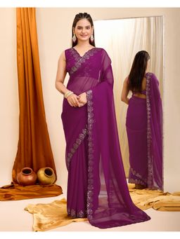 VAIRAGEE - Purple Soft Organza Embellished Saree With Unstitched Blouse
