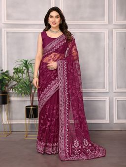 VAIRAGEE - Burgundy Soft Net Embroidery Saree With Unstitched Blouse