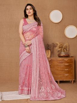 VAIRAGEE - Pink Soft Net Embroidery Saree With Unstitched Blouse