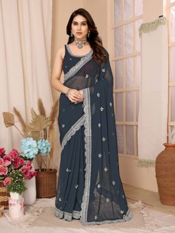 VAIRAGEE - Grey Soft Zomato Chiffon Embroidery Saree With Unstitched Blouse