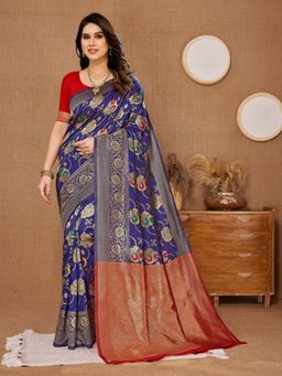 VAIRAGEE - Navy Blue Banarasi Weaving Silk Saree With Unstitched Blouse