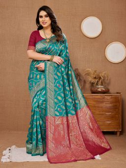 VAIRAGEE - Turquoise Banarasi Weaving Silk Saree With Unstitched Blouse