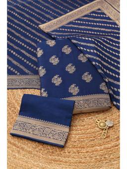 Soch - Women Navy Blue Silk Blend Botanical Zari Woven Dress Material