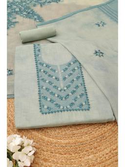 Soch - Women Powder Blue Linen Shimmer Floral Kantha Embroidered Dress Material