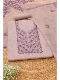 Soch - Women Lavender Linen Shimmer Floral Kantha Embroidered Dress Material