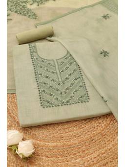 Soch - Women Sap Green Linen Shimmer Floral Kantha Embroidered Dress Material