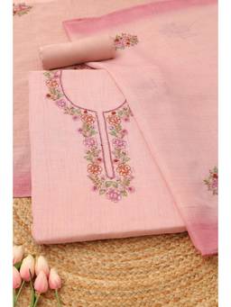 Soch - Women Lavender Linen Shimmer Floral Kantha Embroidered Dress Material