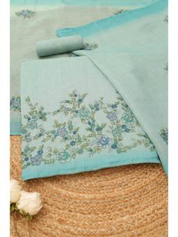 Soch - Women Powder Blue Linen Shimmer Floral Kantha Embroidered Dress Material