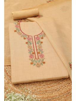 Soch - Women Light Yellow Linen Shimmer Floral Kantha Embroidered Dress Material