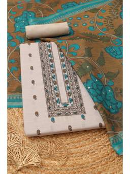 Soch - Women Cream Linen Kalamkari Printed Dress Material With Faux Mirror And Cutdana