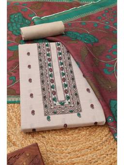 Soch - Women Cream Linen Kalamkari Printed Dress Material With Faux Mirror And Cutdana
