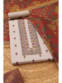 Soch - Women Cream Linen Kalamkari Printed Dress Material With Faux Mirror And Cutdana