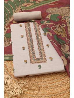 Soch - Women Cream Linen Kalamkari Printed Dress Material With Faux Mirror And Cutdana