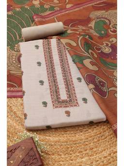 Soch - Women Cream Linen Kalamkari Printed Dress Material With Faux Mirror And Cutdana