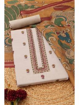 Soch - Women Cream Linen Kalamkari Printed Dress Material With Faux Mirror And Cutdana