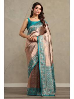Soch - Women Turquoise Blue Tissue Geometric Zari Woven Saree With Stone Work
