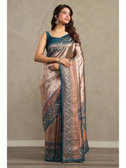 Soch - Women Turquoise Blue Tissue Botanical Zari Woven Saree With Stone Work