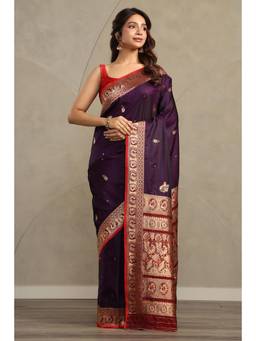 Soch - Women Wine Viscose Bird Motifs Zari Woven Saree