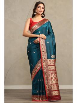 Soch - Women Blue Viscose Bird Motifs Zari Woven Saree