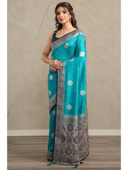 Soch - Women Turquoise Blue Viscose Botanical Zari Woven Saree With Stone Work