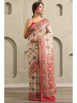 Soch - Women Beige Viscose Botanical Woven Design Saree