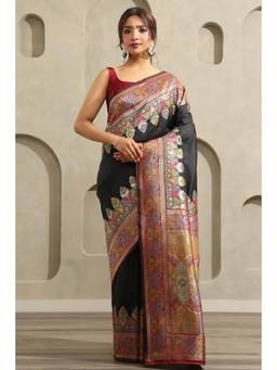 Soch - Women Black Dola Silk Ethnic Motifs Zari Woven Saree