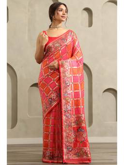 Soch - Women Red Dola Silk Botanical Zari Woven Saree