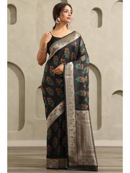 Soch - Women Black Dola Silk Botanical Zari Woven Saree