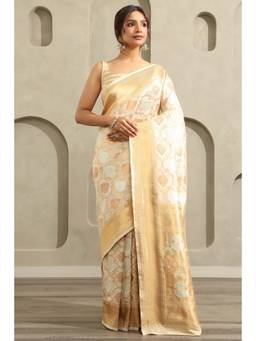 Soch - Women Cream Dola Silk Botanical Zari Woven Saree