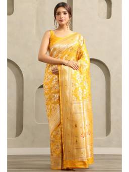 Soch - Women Yellow Dola Silk Botanical Zari Woven Saree