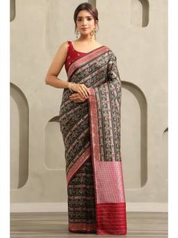 Soch - Women Black Dola Silk Botanical Zari Woven Saree