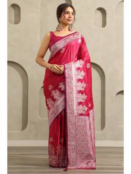 Soch - Women Fuchsia Satin Bird Motifs Zari Woven Saree With Stone Work