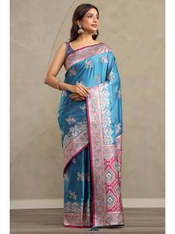 Soch - Women Turquoise Blue Satin Bird Motifs Zari Woven Saree With Stone Work