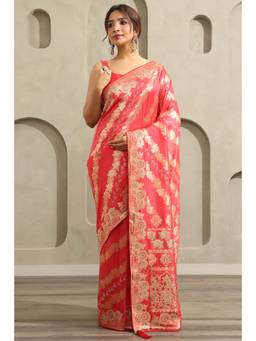 Soch - Women Red Dola Silk Botanical Zari Woven Saree With Stone Work