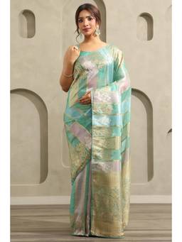 Soch - Women Turquoise Blue Organza Botanical Zari Woven Saree With Stone Work