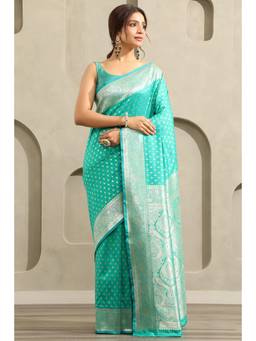 Soch - Women Green Dola Silk Ethnic Motifs Zari Woven Saree