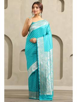 Soch - Women Turquoise Blue Dola Silk Ethnic Motifs Zari Woven Saree