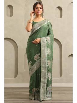 Soch - Women Olive Dola Silk Ethnic Motifs Zari Woven Saree With Stone Work