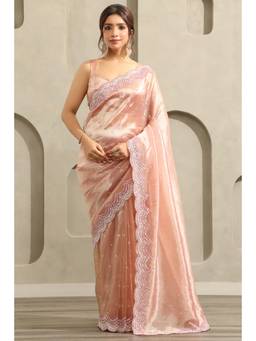 Soch - Women Blush Pink Tissue Pearl And Sequins Embellished Saree
