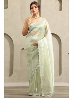 Soch - Women Light Green Tissue Pearl And Sequins Embellished Saree