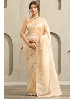 Soch - Women Beige Tissue Pearl And Sequins Embellished Saree