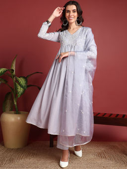 Vaamsi - Women Grey Cotton Blend Embroidered A-Line Kurta Pant With Dupatta (Set of 3)