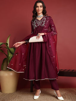 Vaamsi - Women Burgundy Cotton Blend Embroidered A-Line Kurta Pant With Dupatta (Set of 3)