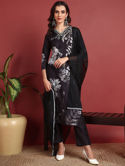 Vaamsi - Women Black Silk Blend Floral Straight Kurta Pant With Dupatta (Set of 3)