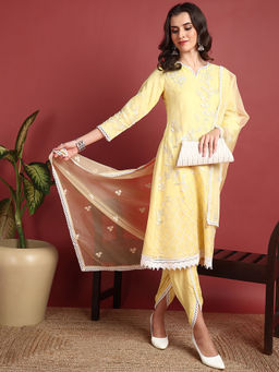 Vaamsi - Women Yellow Organza Embroidered A-Line Kurta Dhoti Pant With Dupatta (Set of 3)
